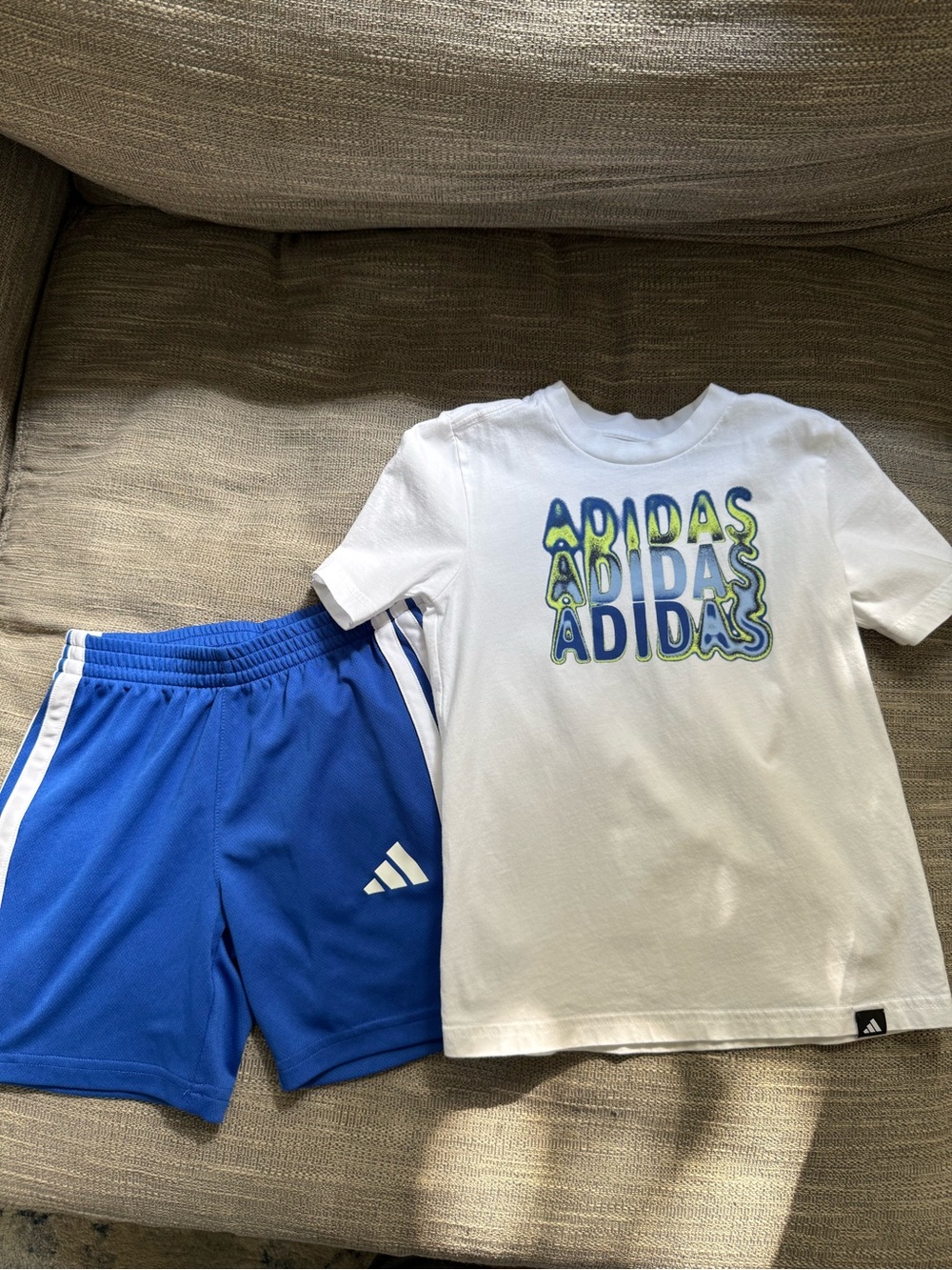 adidas White Graphic Tee with Blue Athletic Shorts